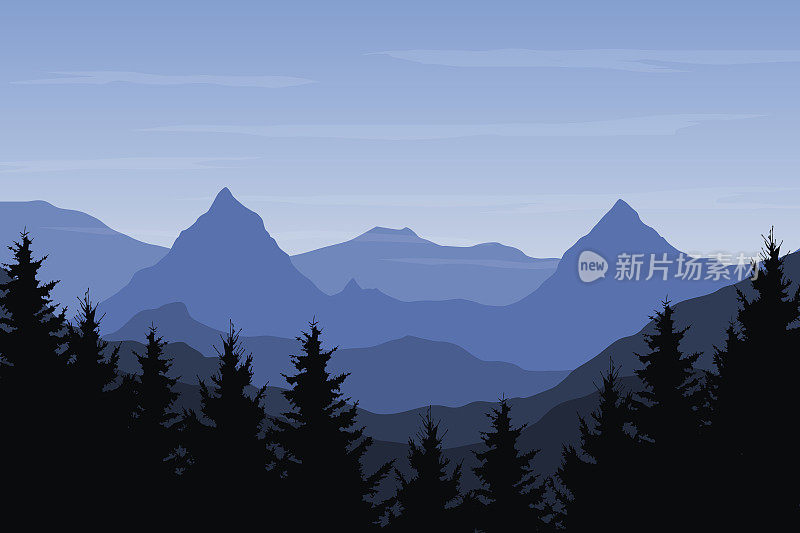 全景山地景观与森林和山在蓝天下与云-矢量插图