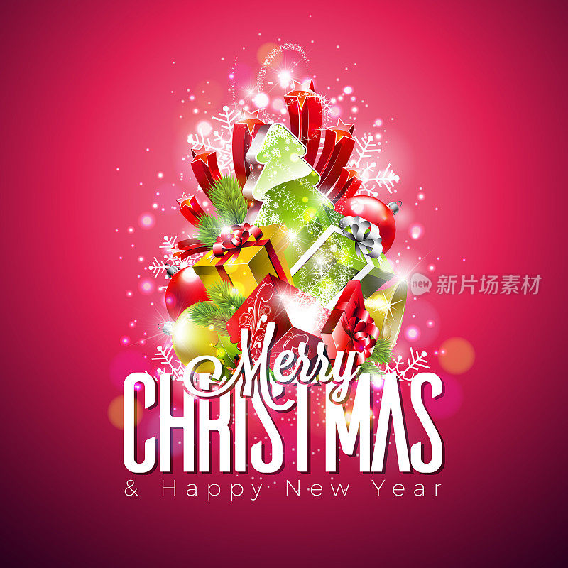 矢量圣诞快乐插图在闪亮的红色背景与印刷和节日灯花环，松树枝，雪花和装饰球。新年设计快乐。