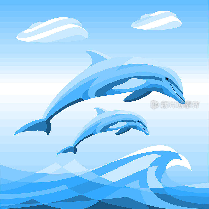 两只海豚跳出海水，穿过一个梯度背景的波浪。