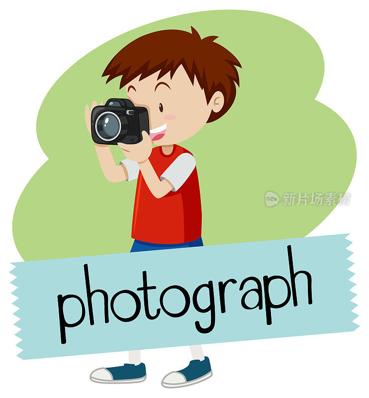 照片单词卡与男孩拍照与相机