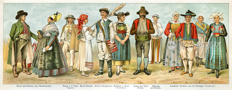 1897年，法国、匈牙利、奥地利的人们穿着传统服装