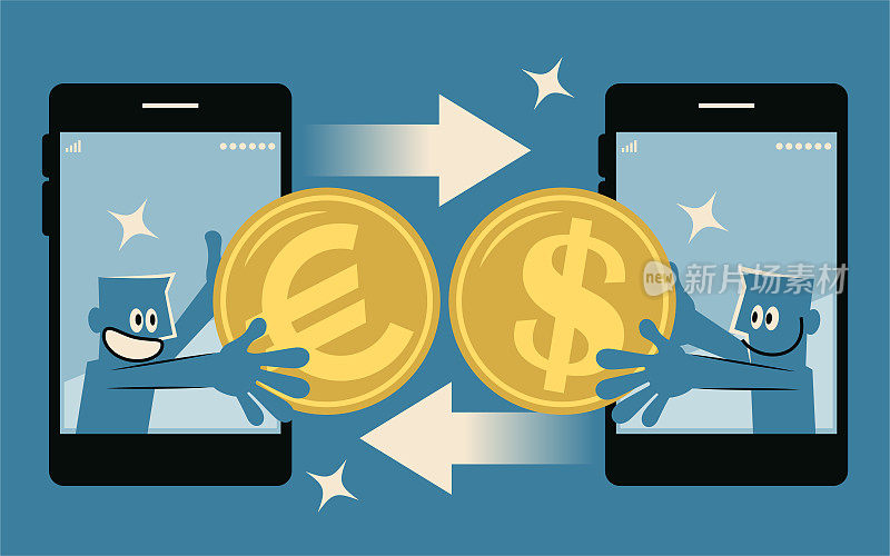 两名商人从手机大屏幕上出现，正在把美元兑换成欧元