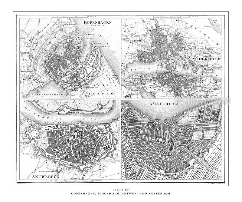 哥本哈根、斯德哥尔摩、安特卫普和阿姆斯特丹版画古董插图，出版于1851年