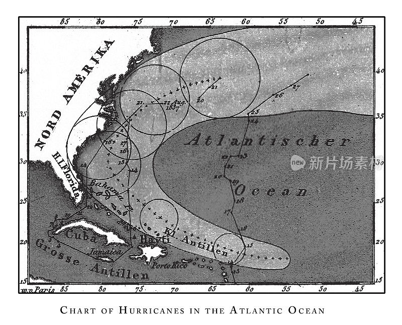 大西洋飓风图、火山和飓风图;山概况;火山口;以及1851年出版的南极版画古董插图