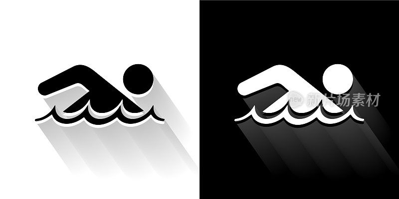 游泳者黑色和白色图标与长影子