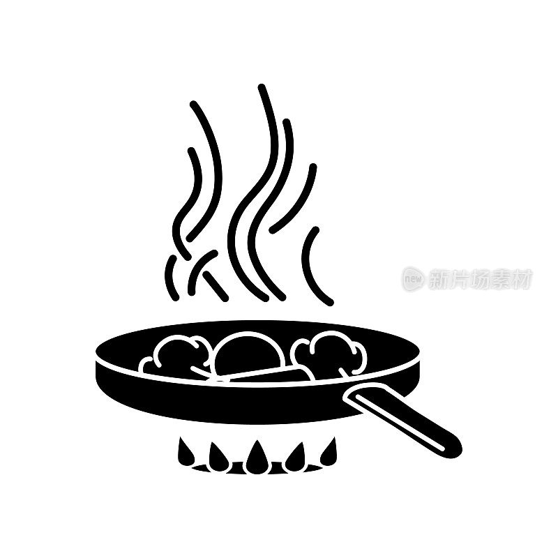 油炸的黑色象形图标。快餐准备，餐前准备在油剪影符号的空白上。烹饪技术。烹饪锅与配料烤箱火矢量孤立说明