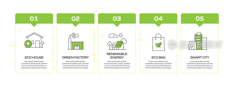 绿色能源，生态和环境矢量概念和信息图形设计元素的线性风格