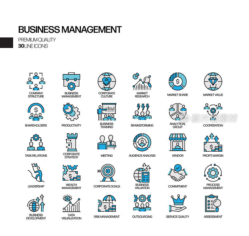 与业务管理相关的矢量线图标的简单设置。大纲符号集合。