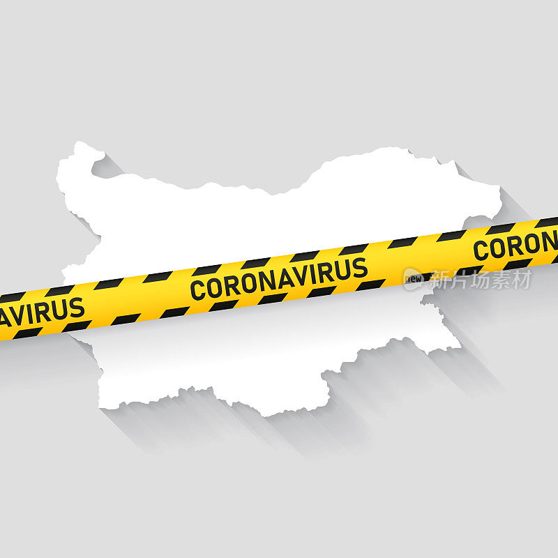 保加利亚地图与冠状病毒警告胶带。Covid-19爆发