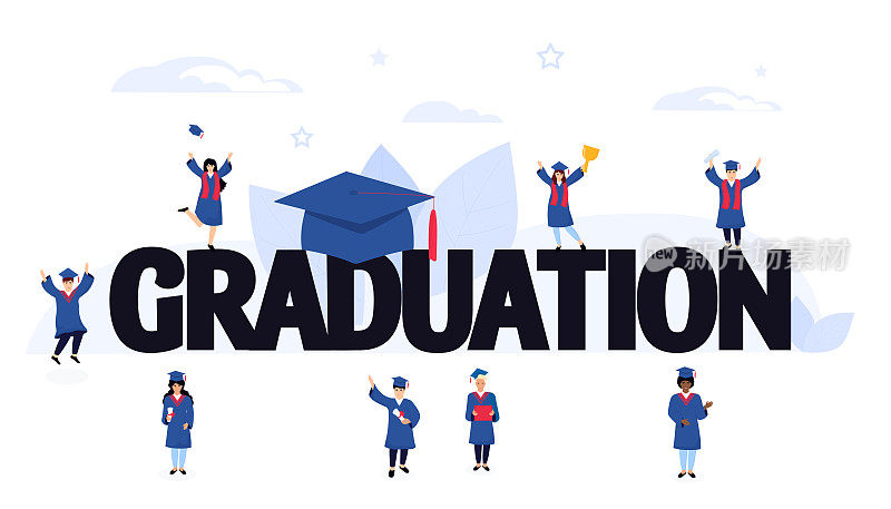 检疫期间毕业。穿着学士服和学士帽的小个子毕业生庆祝完成学业。2020级