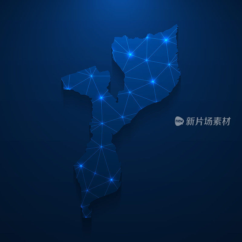 莫桑比克地图网络-明亮的网格在深蓝色的背景