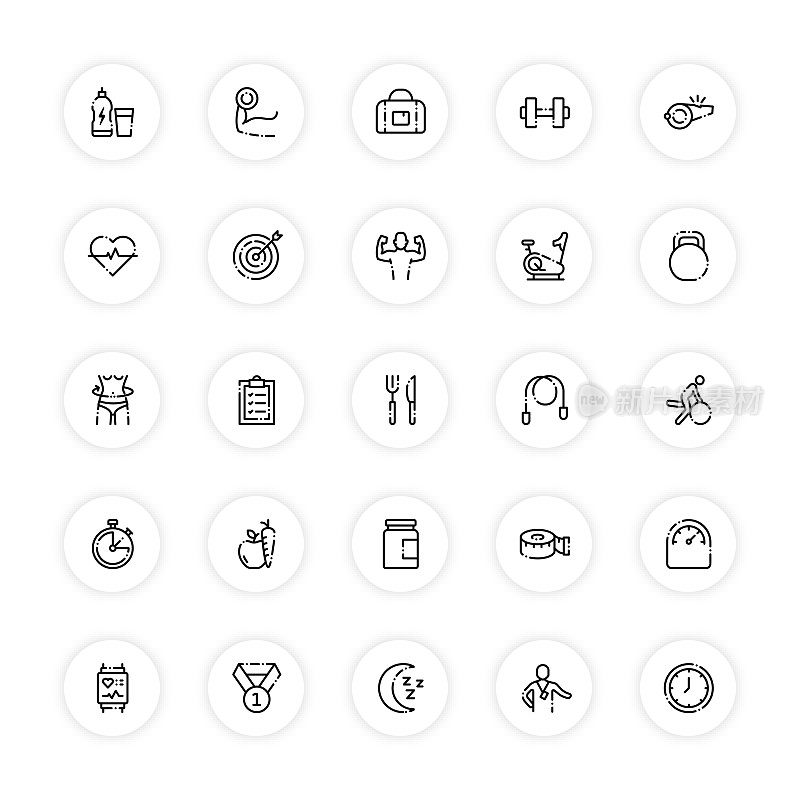 健身和锻炼相关的线条图标。向量符号说明。