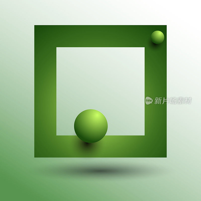 绿色方形框架与球。带有光影的抽象背景。