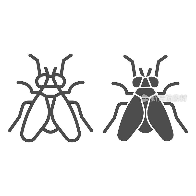 摇蚊线和固体图标，昆虫概念，苍蝇标志的白色背景，摇蚊图标在轮廓风格的移动概念和网页设计。矢量图形。
