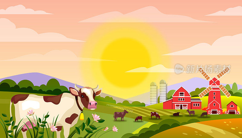 奶场的载体景观有公牛，绿色的田野，奶牛，升起的大太阳，草，磨坊。