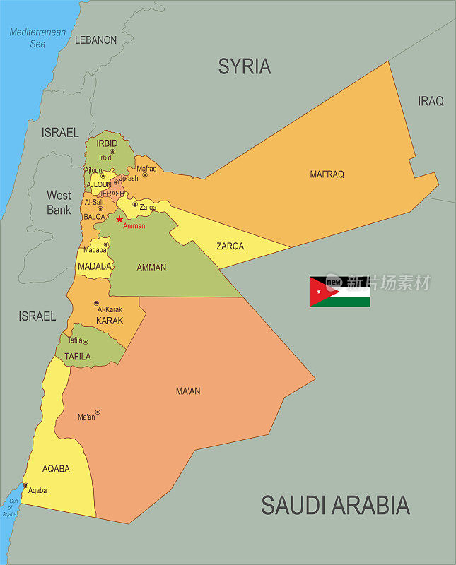 带旗帜的约旦平面地图