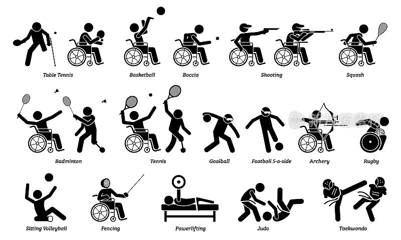 残疾人室内体育运动和运动会为残疾人运动员棍棒人物图标。