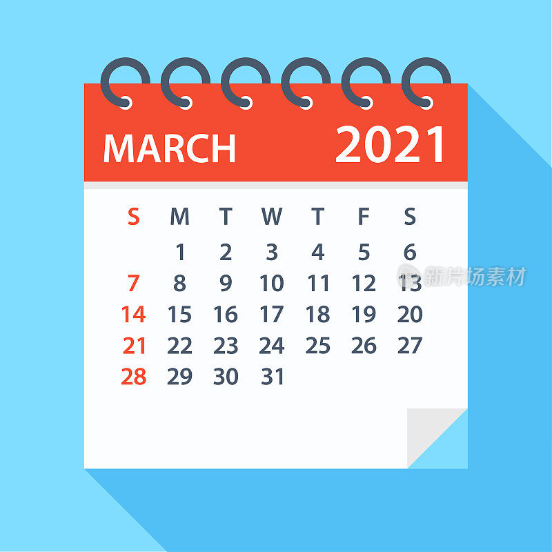 2021年3月-日历。一周从周日开始