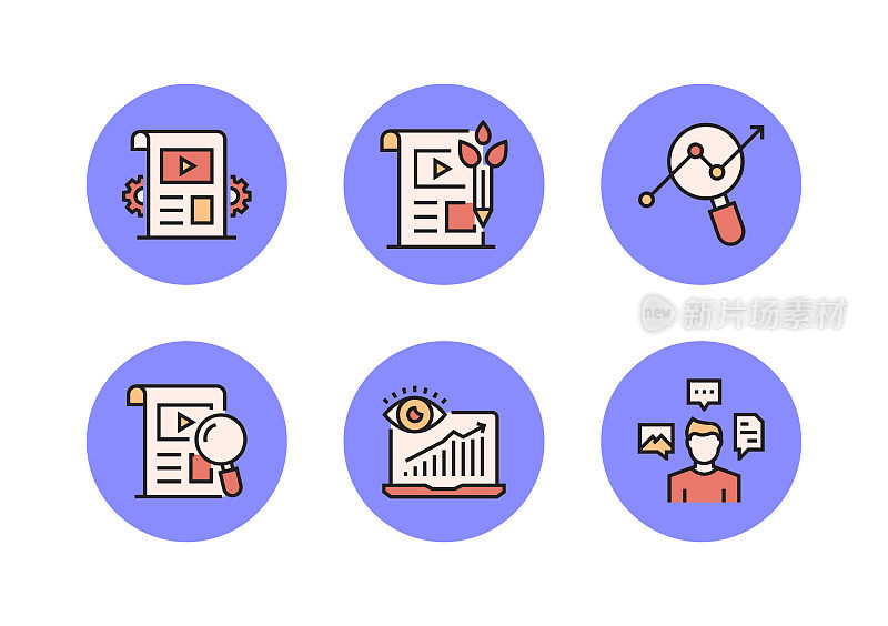 内容营销平面线图标，轮廓向量符号插图。