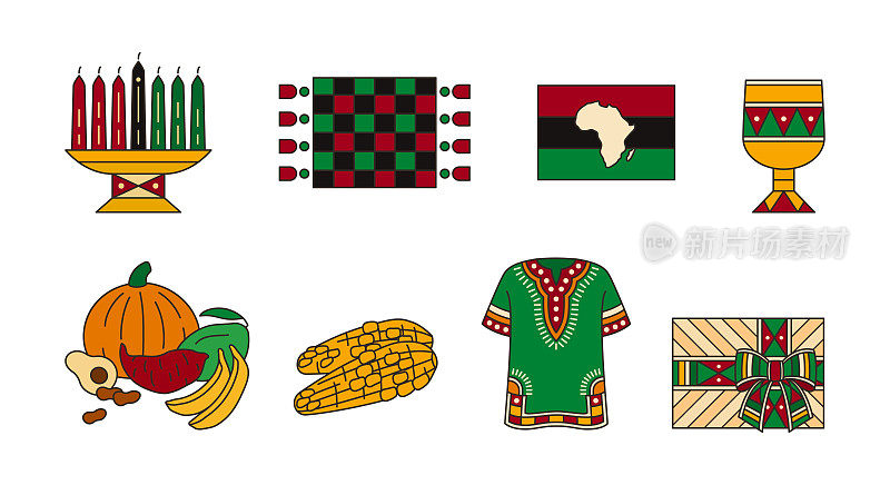 一组红绿图标庆祝宽扎节。非洲裔美国人团结的节日——五彩缤纷的传统象征