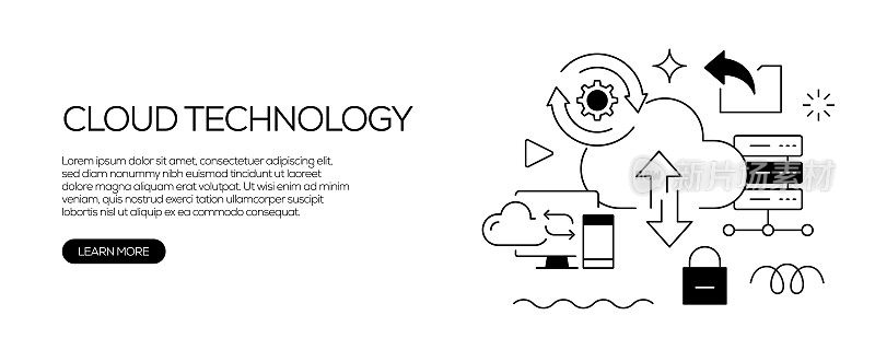云技术相关的网页横幅线条风格。现代设计矢量图