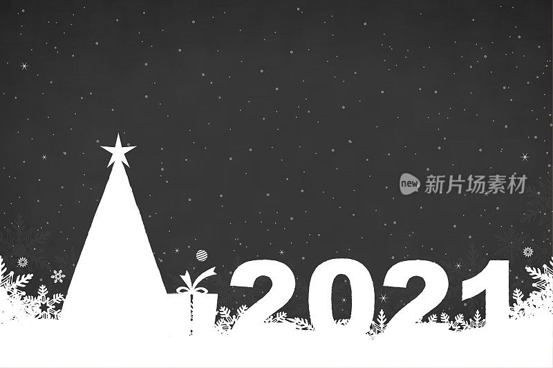 黑色矢量新年快乐和圣诞背景，一个白色三角形的树，一颗星星和文字数字2021，底部有雪花