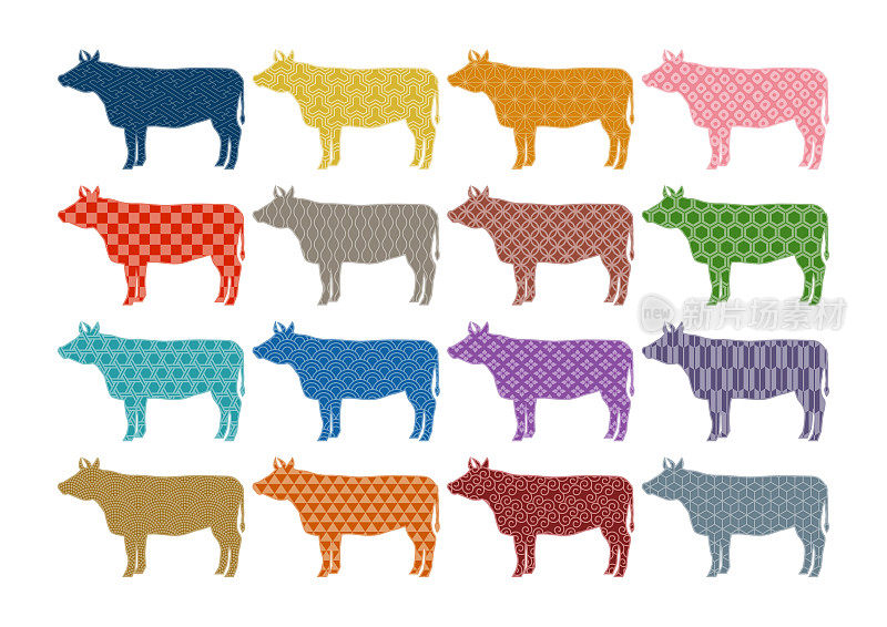 牛的矢量插图。牛，牛，牛。五彩缤纷的日本传统图案。