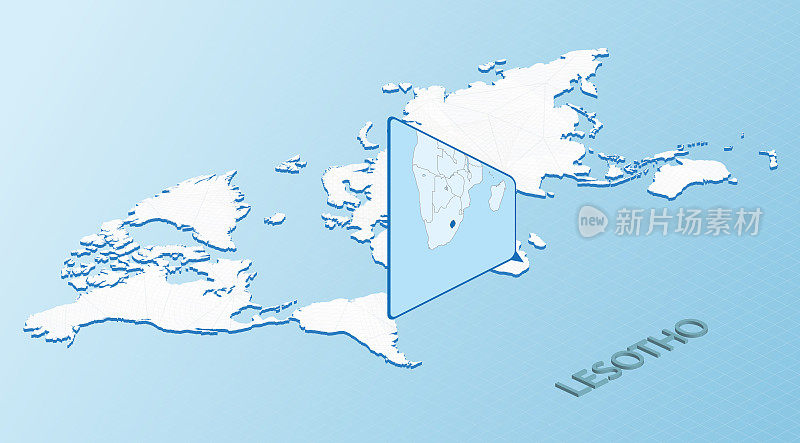 世界地图等距风格与详细的莱索托地图。浅蓝色莱索托地图与抽象世界地图。
