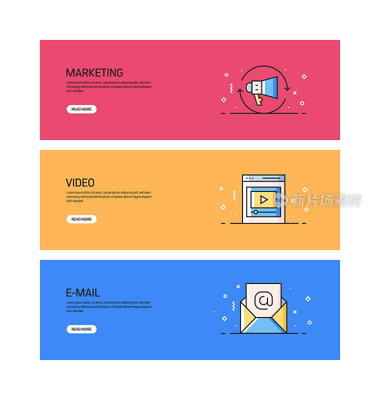 入站营销相关的平面线横幅设计与图标，线风格矢量插图。