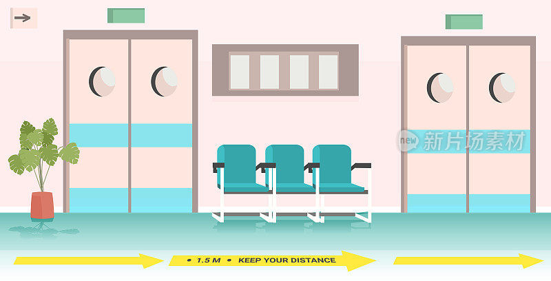 医院走廊带有社交距离标志的冠状病毒防疫措施概念