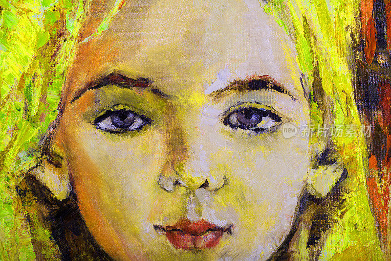 插图油画肖像的一个金发女孩的脸在一个抽象的背景上的黄色配色方案的初夏