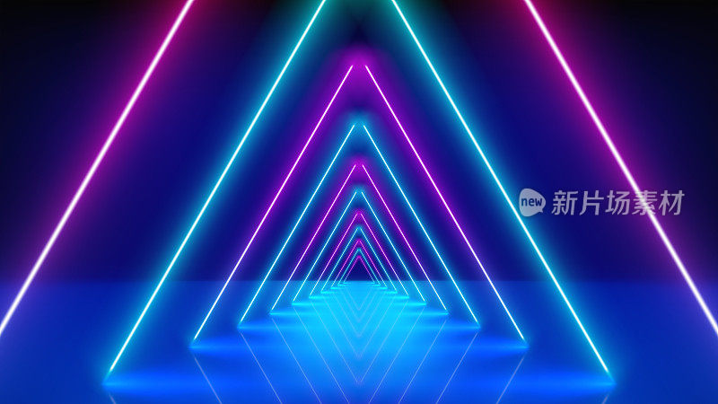 发光的霓虹线，隧道，抽象的技术背景，虚拟现实。粉红蓝紫霓虹三角形走廊，透视效果。紫外线明亮的光芒。矢量图