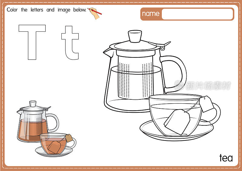 矢量插图的儿童字母着色书页与概述剪贴画，以颜色。字母T代表茶。
