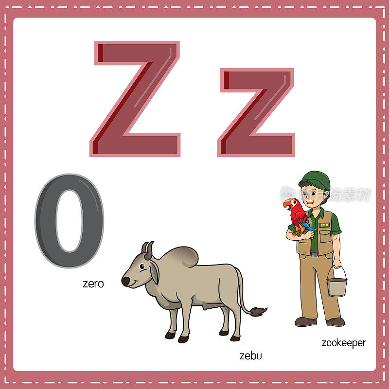 向量插图学习字母Z的小写和大写的儿童与3卡通图像。零瘤牛饲养员。
