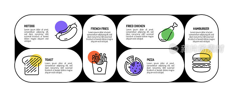 快餐相关流程信息图表模板。过程时间图。带有线性图标的工作流布局
