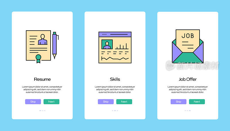 工作和简历概念入职手机应用程序页面屏幕与平面图标。UI设计模板矢量插图