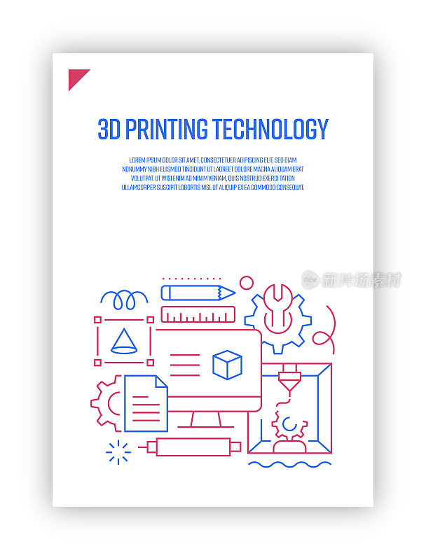 插图3D打印概念向量集。线条艺术风格背景设计网页，横幅，海报，打印等。矢量插图。