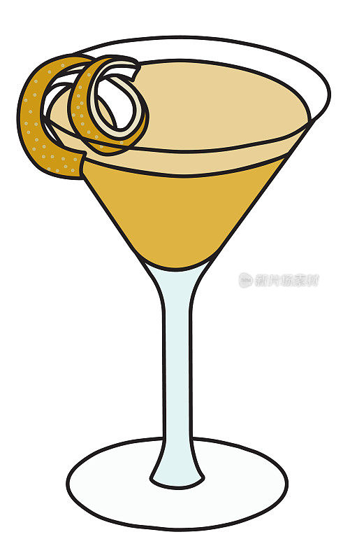 时尚的手绘涂鸦卡通风格的黄色Sidecar鸡尾酒在马提尼玻璃装饰一个橘子扭。矢量插图好为派对卡片，海报，酒吧菜单酒精烹饪书食谱。