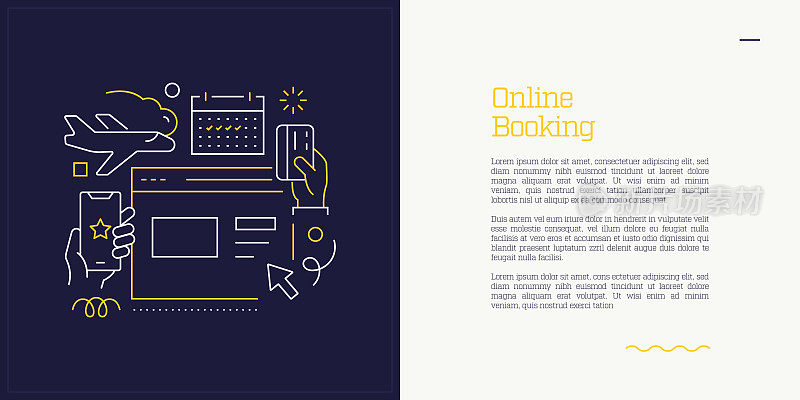 矢量集插图网上预订概念。线条艺术风格的网页，横幅，海报，印刷等背景设计。矢量插图。