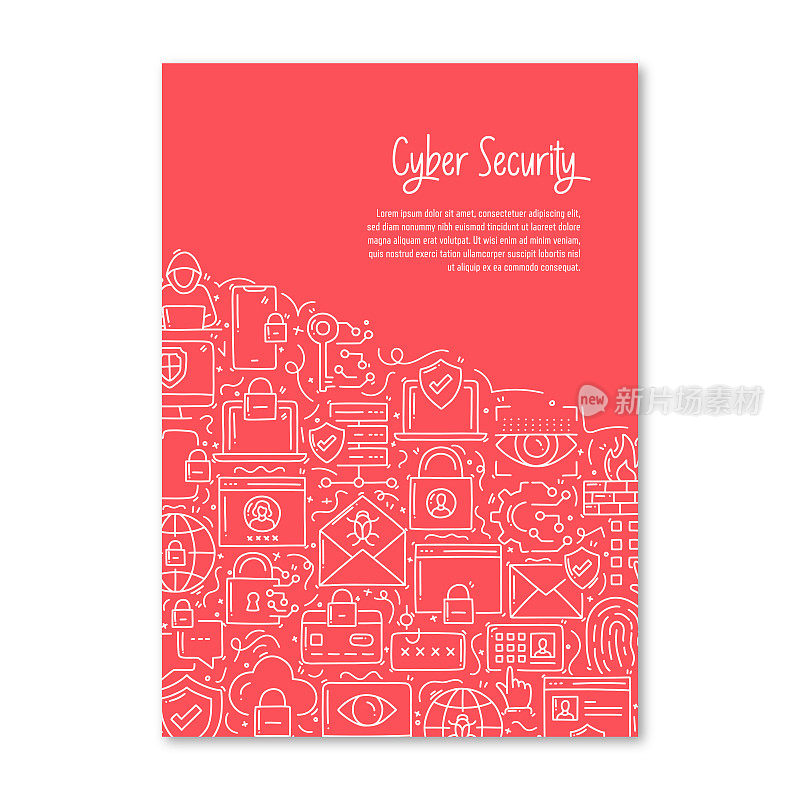 网络安全相关的对象和元素。手绘矢量涂鸦插图集合。海报，封面模板与不同的网络安全对象