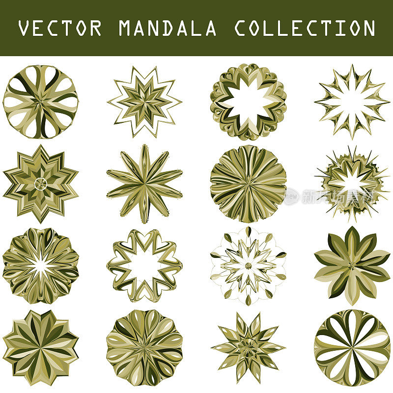 矢量绿线艺术花卉图案曼荼罗图标集合设计