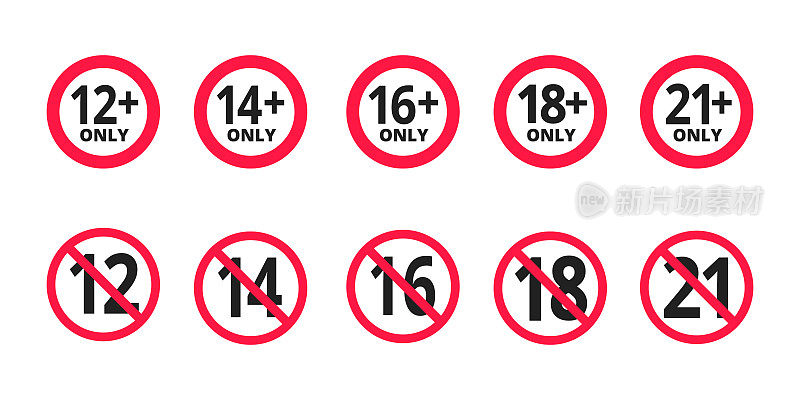 成人内容只有年龄限制12,14,16,18,21岁以上的图标标志设置平面风格设计矢量插图。