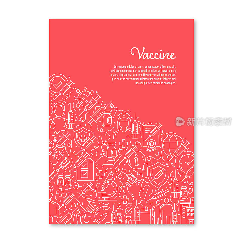疫苗相关对象和元素。手绘矢量涂鸦插图集合。海报，不同疫苗对象的封面模板