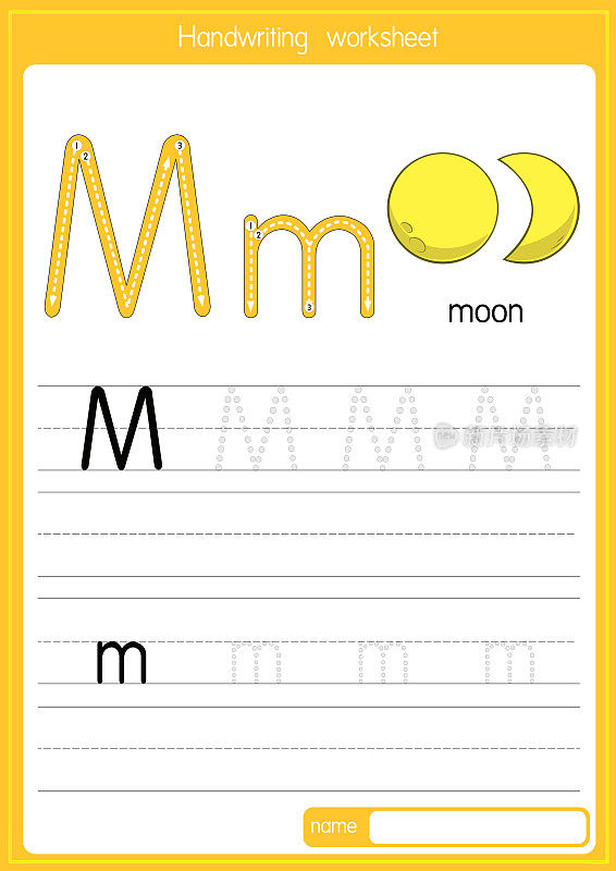 矢量插图月亮与字母M大写字母或大写字母的儿童学习练习ABC