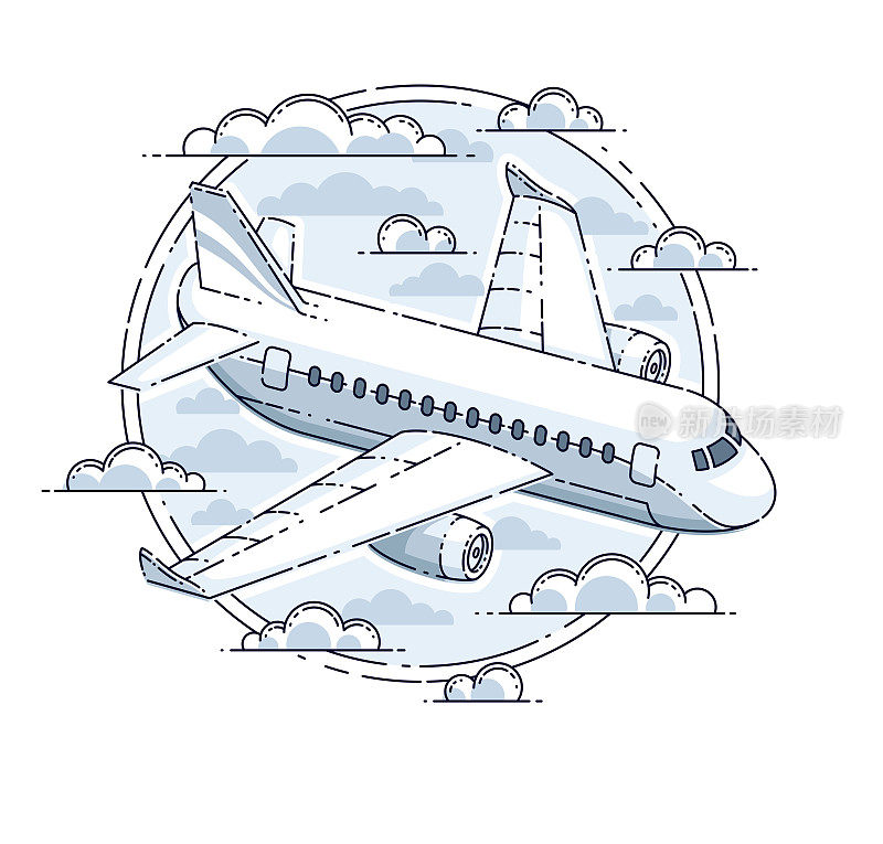 航空公司航空旅行徽章或插图与飞机客机和圆形。美丽的细线矢量孤立在白色背景上。