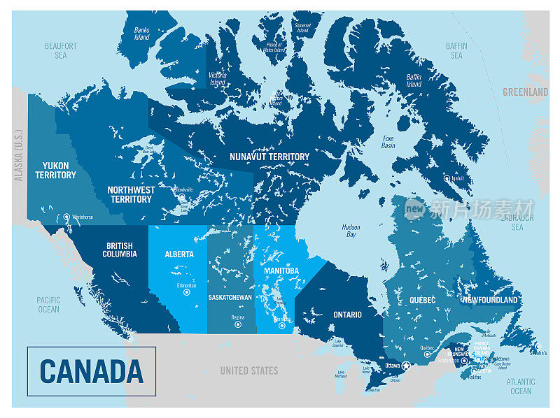 加拿大国家政治地图。详细的矢量插图与孤立的国家，地区，岛屿和城市容易ungroup。
