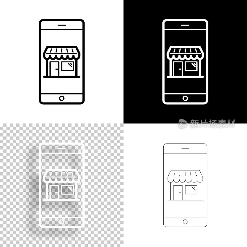 用智能手机在线购物。图标设计。空白，白色和黑色背景-线图标