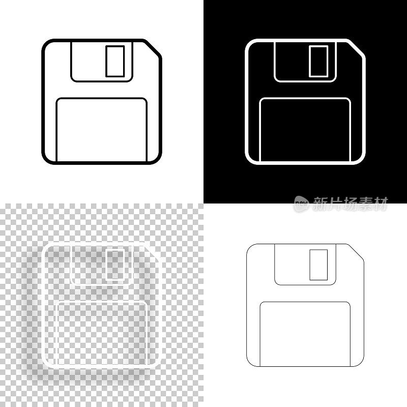 软盘。图标设计。空白，白色和黑色背景-线图标