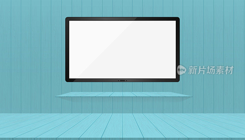 空荡荡的木制房间，宽电视，白色空白的平板显示器模型挂在墙上和书架上。矢量插图Icd显示器，oled，等离子体蓝色木墙。现代工作室室内设计