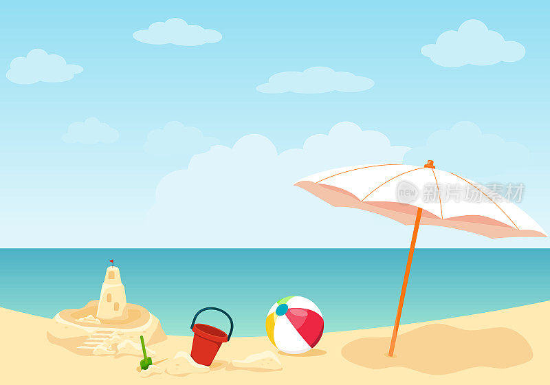 沙滩上的沙堡，蓝色的大海和晴朗的夏天阳光灿烂的海岸线天空的背景。度假时在沙滩伞下留下的儿童玩具。